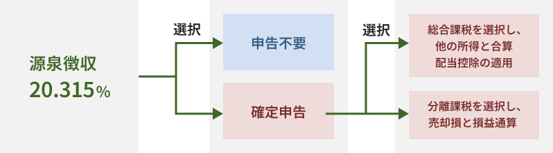 源泉徴収20.315％は申告不要と確定申告のどちらかを選択できます。確定申告を選んだ場合、総合課税を選択し、他の所得と合算配当控除を適用するか、分離課税を選択し、売却損と損益通算するか選択することが可能です。